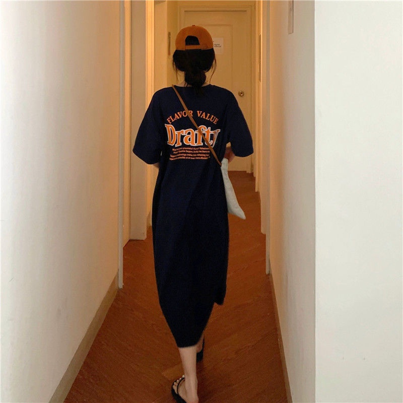 Jiashucheng Áo Thun Tay Ngắn Dáng Dài Qua Gối Phong Cách Hong Kong Thời Trang Mùa Hè