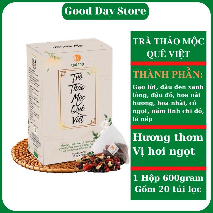 Trà Quê Việt,trà thảo mộc,hoa cúc,gạo lứt,giúp thanh lọc cơ thể,mát gan,ngủ ngon,1 hộp 600gram gồm 20 túi lọc