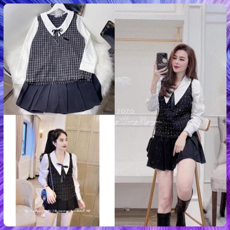 bán sỉ set áo dạ phối tay sơ mi vs chân váy xếp ly