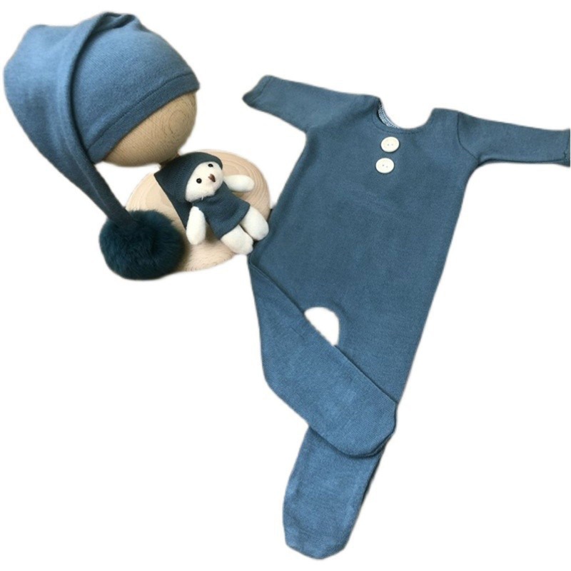 Bộ 3 Món Áo Liền Quần Tay Dài + Nón + Bóng Lông Cho Bé Sơ Sinh Chụp Ảnh