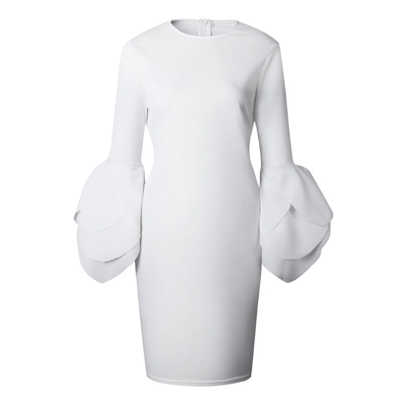 xiangbao Women Sexy Long Ruffle Sleeve Solid Color Round Neck Package Hip Bodycon Dress