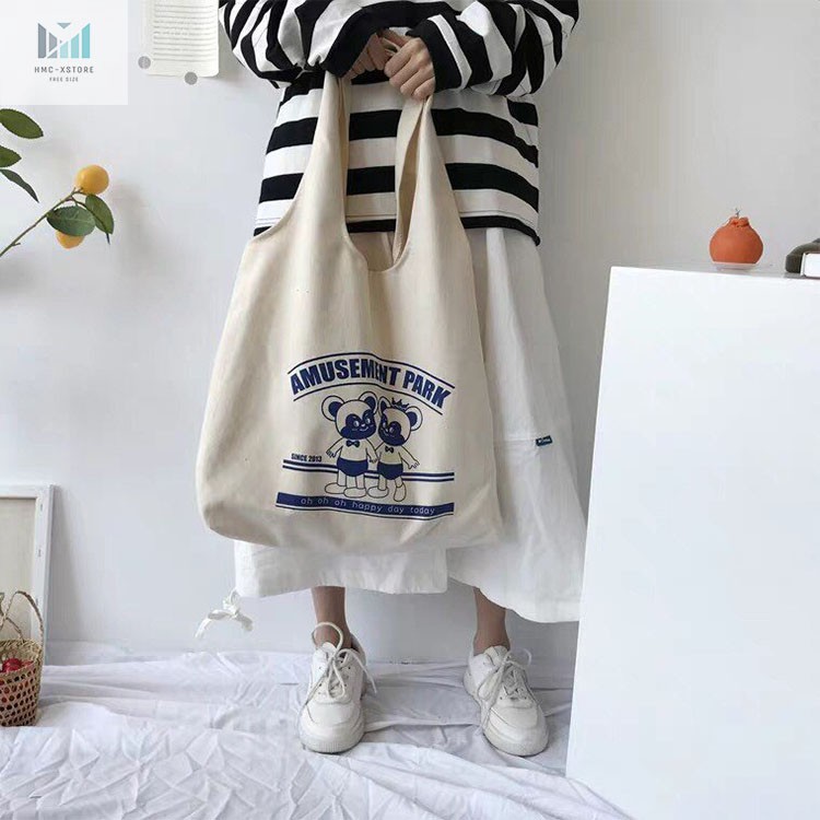 TÚI TOTE VẢI CANVAS ĐEO VAI HÌNH CHUỘT XANH