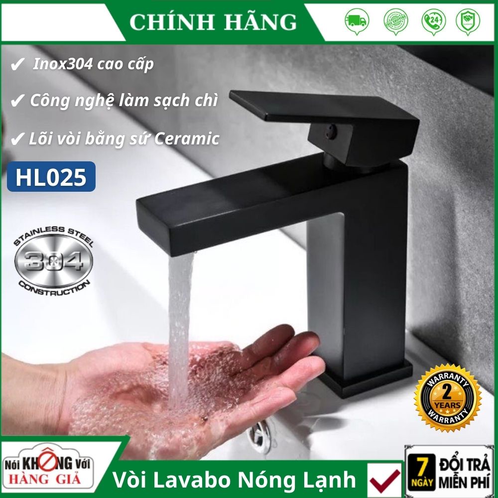 Gật gù nóng lạnh chậu rửa mặt Lavabo HL025 chất liệu Inox 304 , vòi tăng áp sơn tĩnh điện đen cao cấp lọc chì BH 24tháng