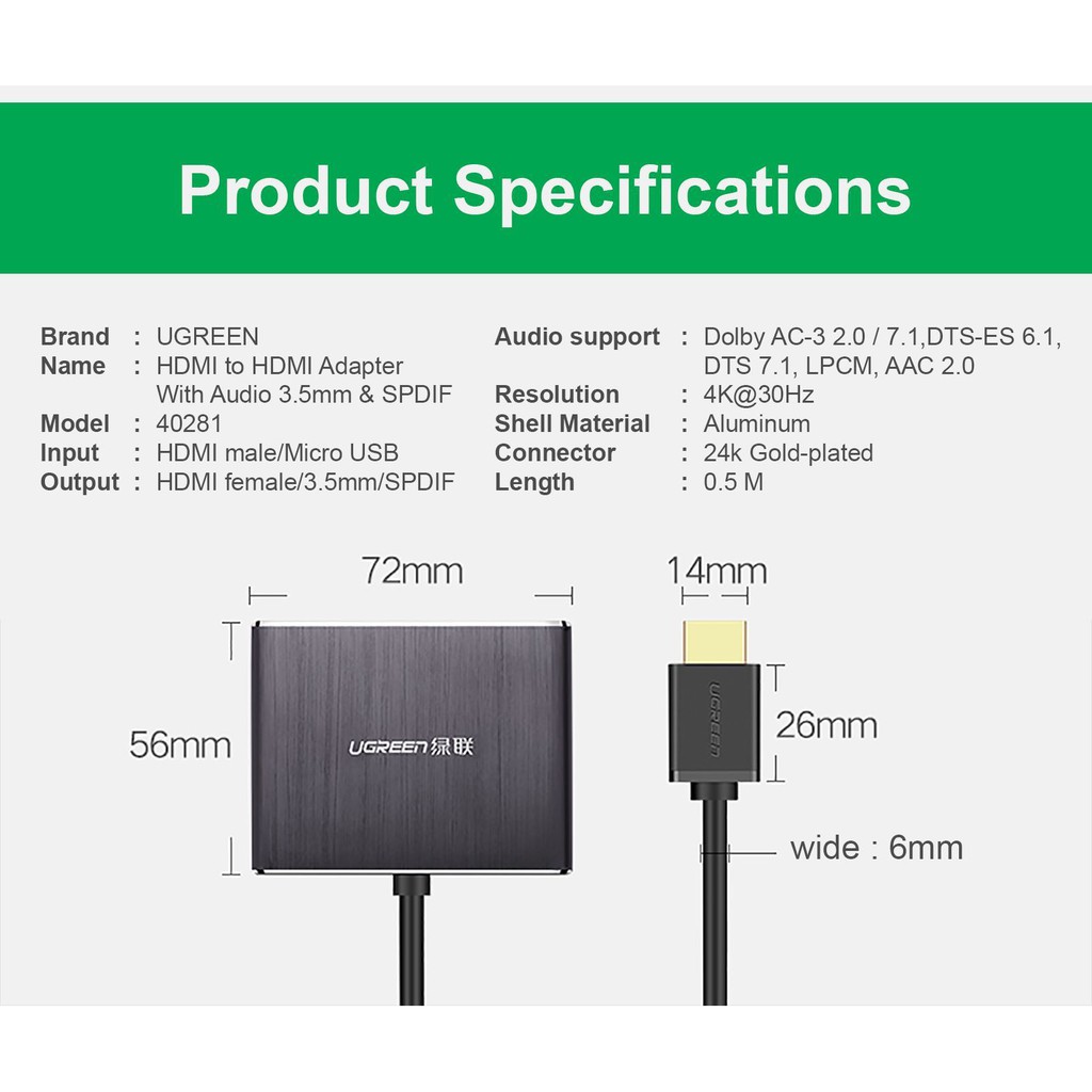 Bộ Chuyển HDMI Sang Cổng HDMI + Audio 3.5mm + Cổng SPDF (optical) Ugreen 40281