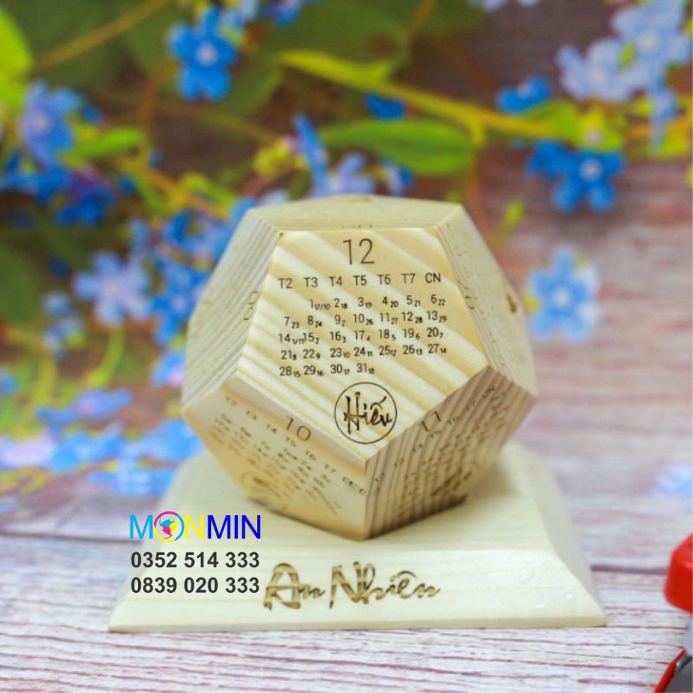 Lịch gỗ để bàn nguyên khối 12 mặt - Khắc theo yêu cầu, lịch gỗ ngũ giác phong thủy - Quà tết tặng sếp, khách hàng - Monm