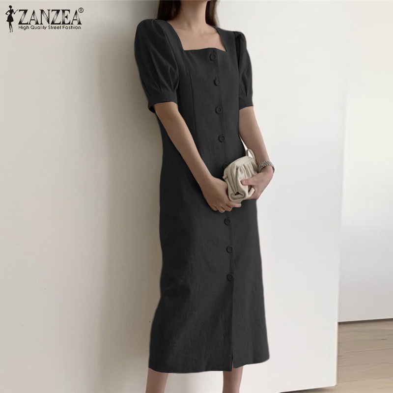 Đầm ZANZEA ôm dáng cổ vuông tay ngắn màu trơn thanh lịch cho bạn gái