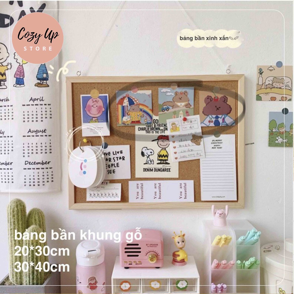 Bảng Ghim Bần Gỗ 30x40cm -Treo Tường Trang Trí - Tặng kèm phụ kiện dây treo + móc treo + sticker + ghim