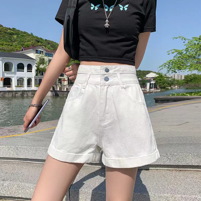 Quần Short Denim Màu Trơn Lưng Cao Dáng Ôm Thời Trang Hàn Quốc Cho Nữ