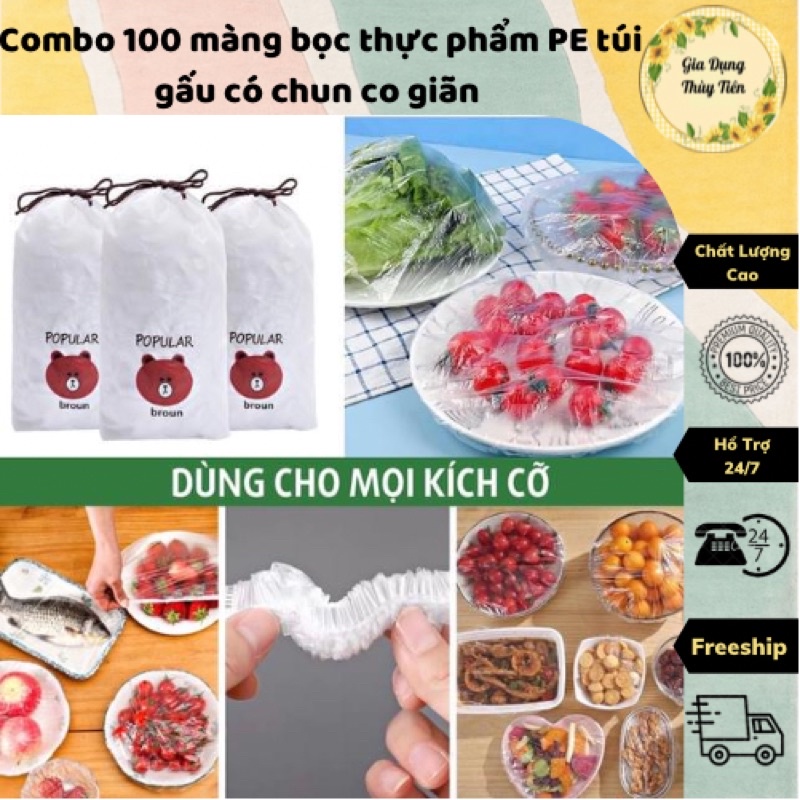 Combo 100 màng bọc thực phẩm PE túi gấu có chun co giãn bọc đồ ăn, chùm đầu đa năng