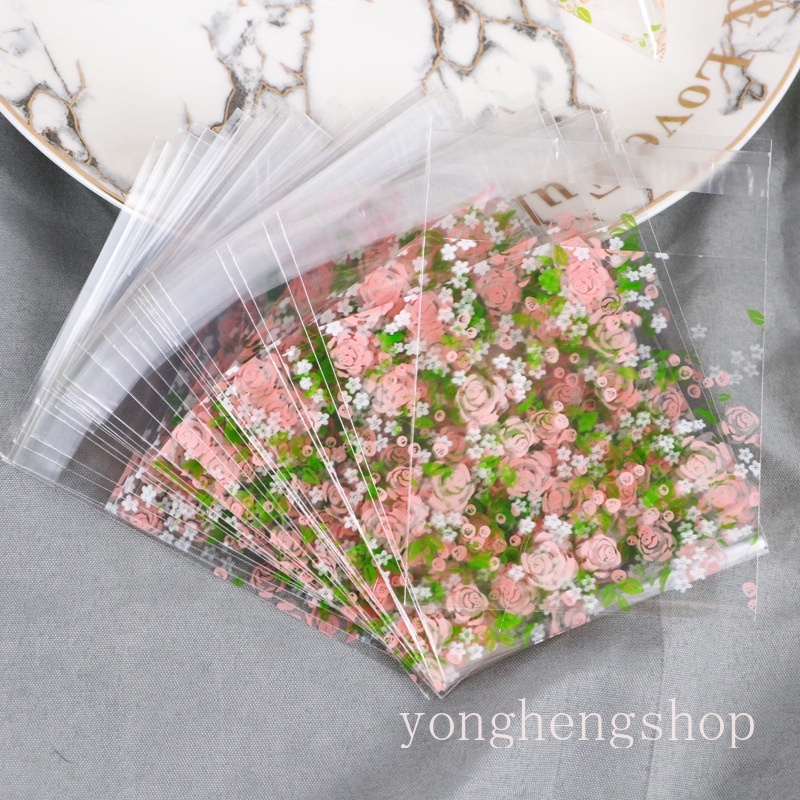 Set 100 Túi Đựng Bánh Kẹo Tự Dính Hình Hoa Hồng Trong Suốt