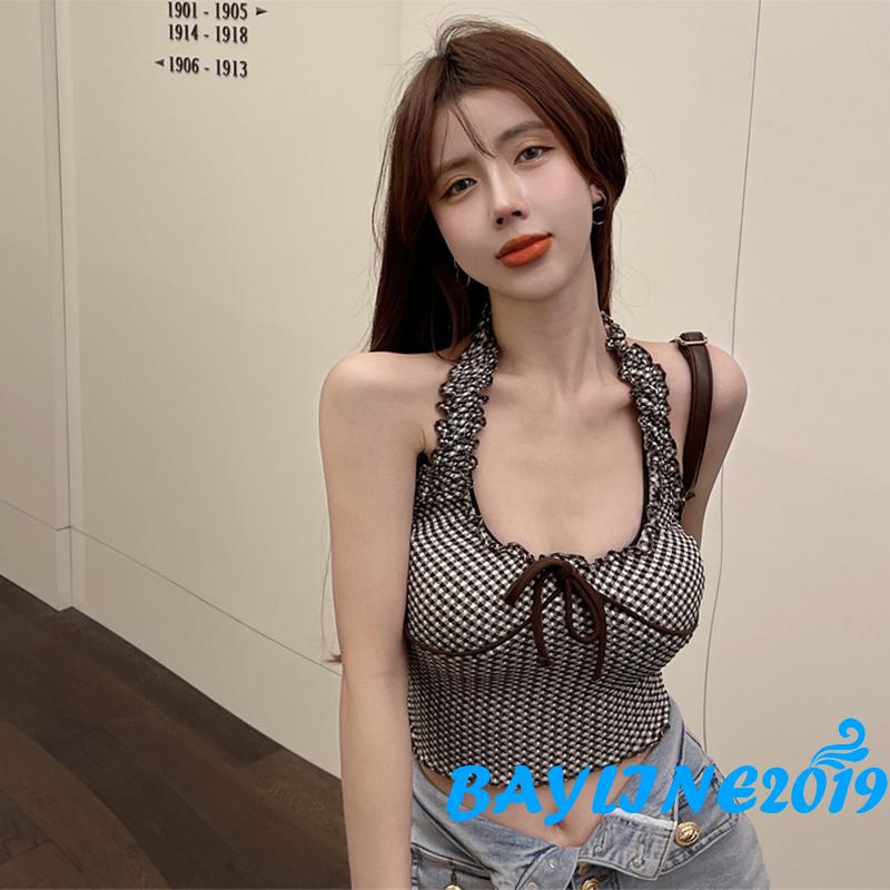 Bay-Women Summer Crop Tops, Halter Plaid Printed Bow-Knot Ruffled Short Tops, Ladies Slim Navel Vest