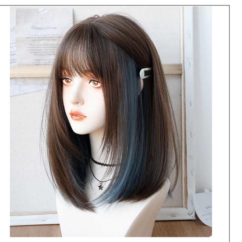 Tóc giả nữ nguyên đầu phối line xanh- mã H6150, tặng kèm lưới trùm tóc wig.