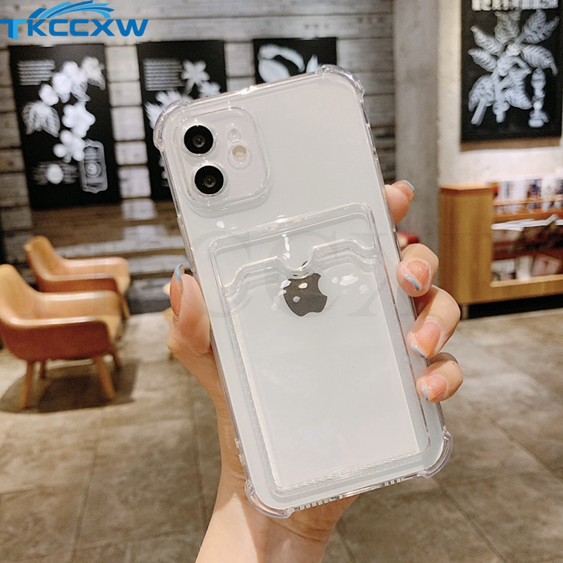 Ốp Điện Thoại Dẻo Trong Suốt Có Ngăn Đựng Thẻ Chống Sốc Cho Iphone 12 Mini 11 Pro Max XR 7 8 Plus SE2