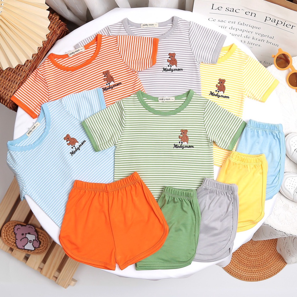 Bộ cộc ngắn Minky thun lạnh pha cotton kẻ sọc thêu ngực quần vạt bầu cho bé