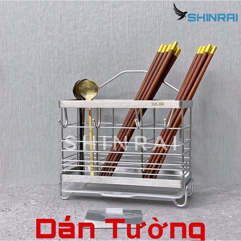 ( Dán Tường ) Giỏ Ống Đựng Đũa , Giá Để Thìa , Muôi , Muỗng Có Móc Treo Đồ INOX SUS304 Xước SHINRAI 3 Ngăn OD3