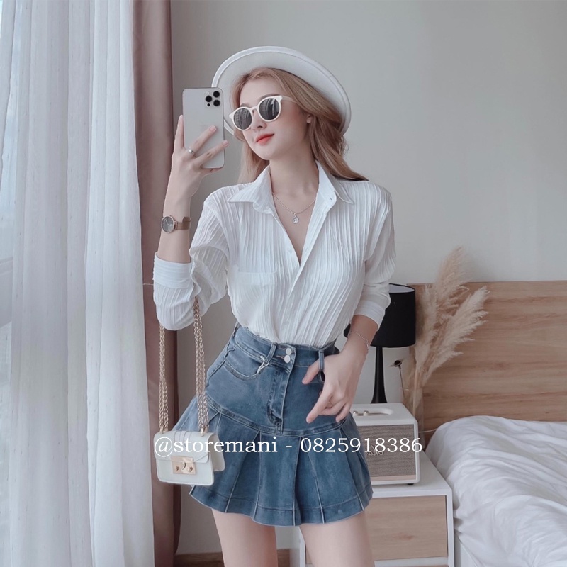 Áo sơ mi nữ form rộng tay dài phong cách ulzzang vintage hàn quốc cao cấp chất xốp gân trơn màu trắng mặc đi học làm đẹp