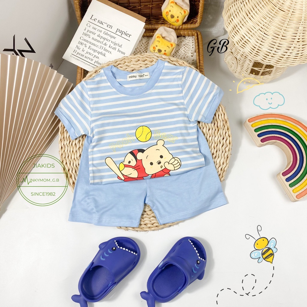 Bộ Cộc Tay THUN LẠNH MINKY MOM Áo Vải Sọc In Hình Quần Trơn Cho Bé TN-IN76