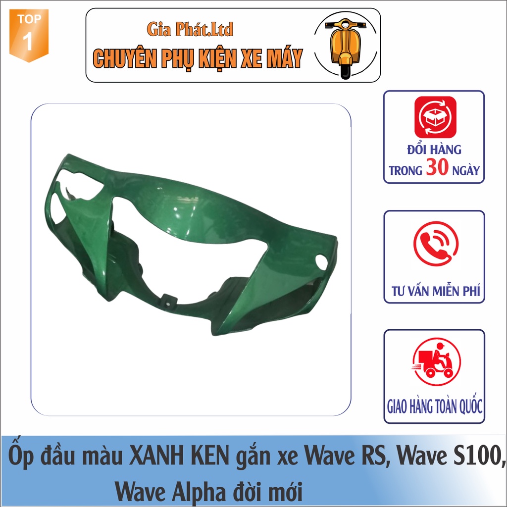 Combo ốp đầu màu XANH KEN đủ 4 món: ốp đầu, gáy,pha đèn kèm bóng và 1 đôi xi nhan gắn xe Wave Alpha -RS-S100
