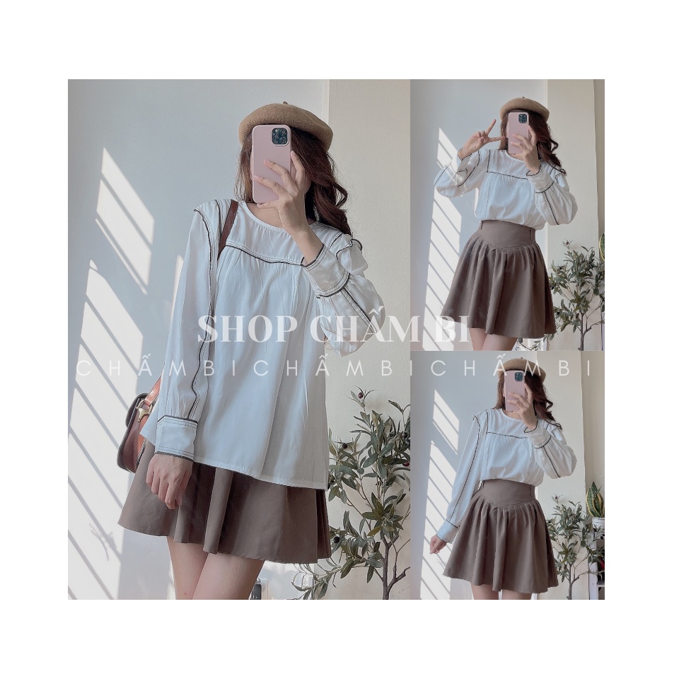 Áo sơ mi dài tay A.272, Áo babydoll cổ tròn viền đen chữ U ngực và dọc tay áo cực xinh