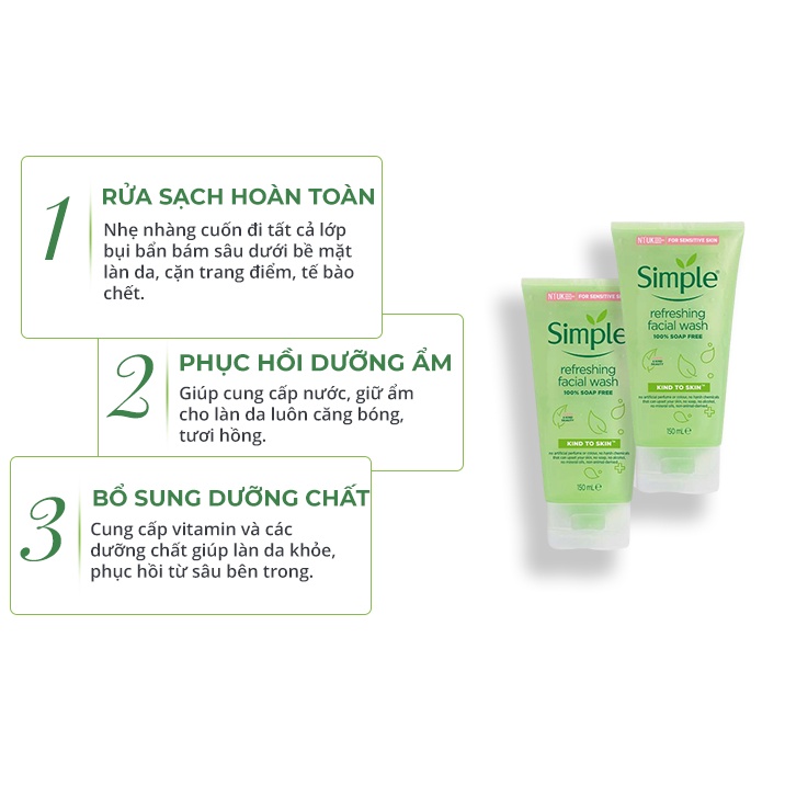 Sữa Rửa Mặt Simple Làm Sạch Sâu, Dịu Nhẹ Cấp Ẩm Cho Da Dầu Mụn, Da Khô, Da Nhạy Cảm 150ml RM06