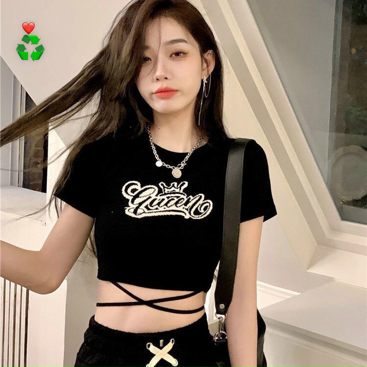 Áo thun nữ tay ngăn phối dây buộc 2 bên dáng croptop xinh 40