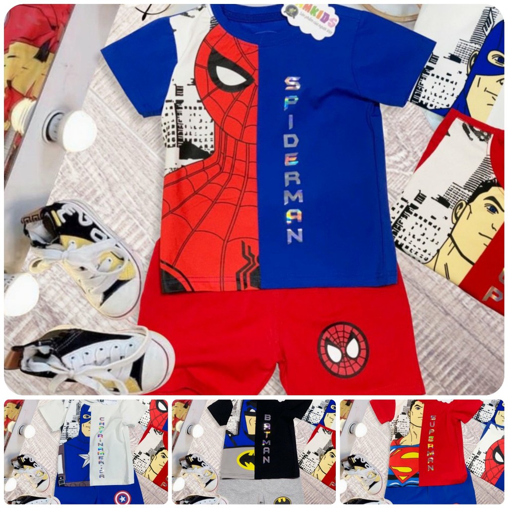 Bộ quần áo siêu nhân người nhện, người dơi, Đội trưởng mỹ - Đồ bộ tay ngắn bé trai