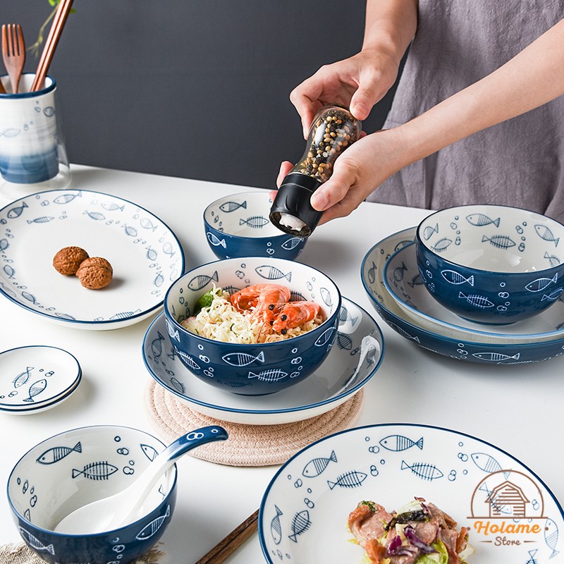 Bát đĩa sứ đẹp họa tiết cá xanh đáng yêu , bát đĩa lẻ Holame