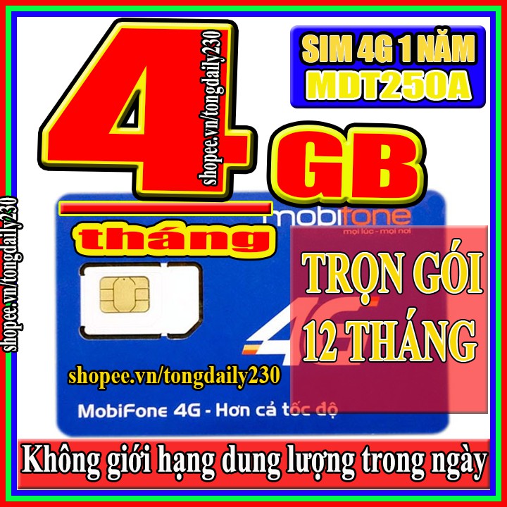 Sim 4G mobifone trọn gói 1 năm KHÔNG cần nạp Tiền MDT250A: 4gb/ tháng  - CS6N: 6gb/ ngày - fd50: 2.5gb/ ngày