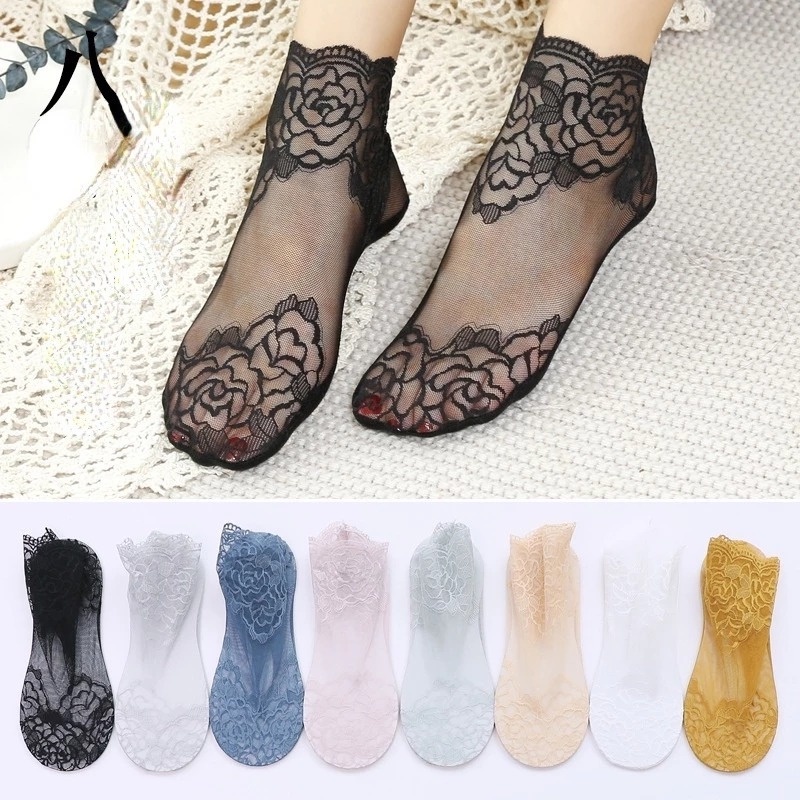1 Đôi Tất Ren Mỏng Thoáng Khí Chống Trượt Họa Tiết Hoa Mận Cho Nữ