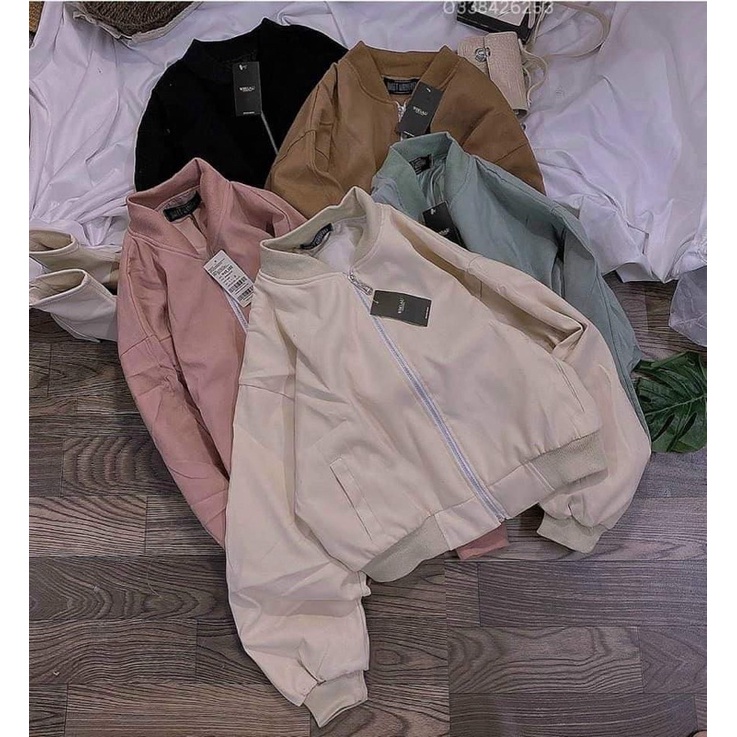 Áo Khoác Bomber Dáng Ngắn BASIC Khoá Kéo Chất Vải Da Lộn Mềm Mịn Kèm Ảnh Thật