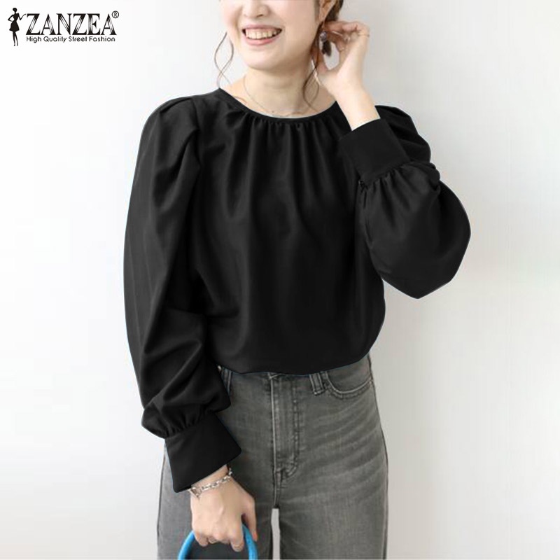 Áo kiểu Zanzea tay dài phồng cổ tròn cài nút màu trơn hợp thời trang cho nữ