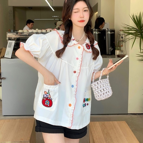 【ZHELIHANGFEI】Áo Sơ Mi Tay Phồng Cổ Búp Bê Thêu Họa Tiết Ngọt Ngào Dễ Phối Đồ