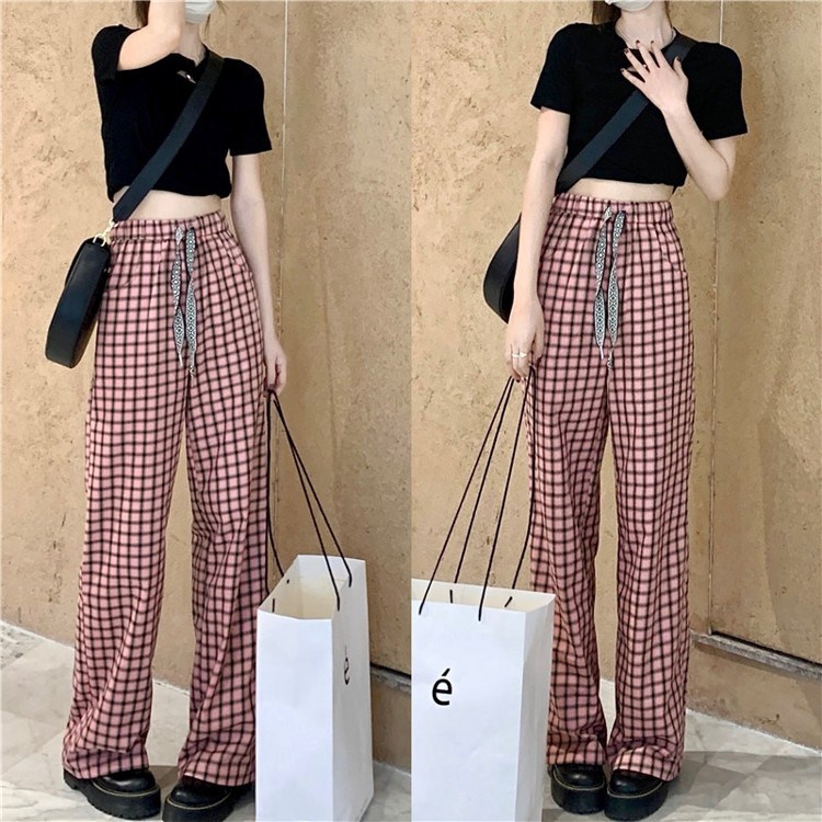 Quần ống rộng Họa Tiết Sọc Caro Phối Dây Rút Thời Trang Trẻ Trung Cho Nữ