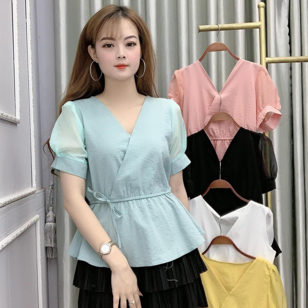 Áo Sơ Mi Kiểu Công Sở Ngắn Tay Chất Đũi Tay Voan Cổ Tim - 5 Màu Trắng Vàng Đen Xanh Hồng - Hanlly Fashion - A1  ཾ ྇