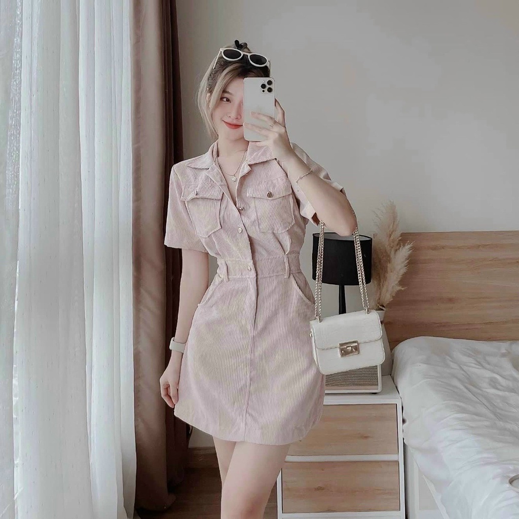 Váy đầm nữ áo tay ngắn cổ sơmi cài nút xinh xắn dễ thương