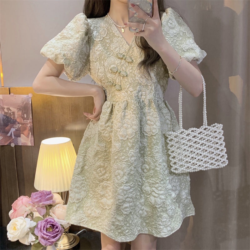Đầm Tay Ngắn Phồng Cổ Chữ V Phong Cách Retro Thời Trang Mùa Hè Hàng Mới 2022 Dành Cho Bạn Nữ