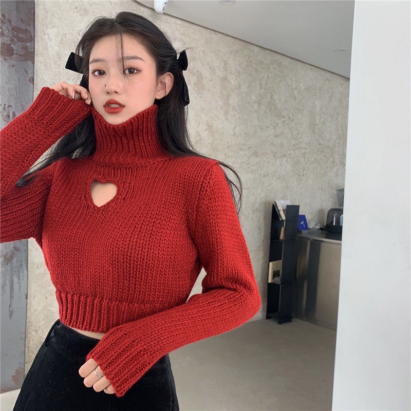 Áo sweater cổ cao tay dài dáng ôm in họa tiết trái tim thời trang thu đông mới cho nữ