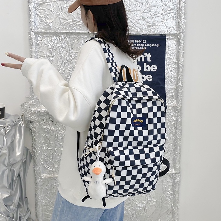 [YIGEBAG] Balo Đi Học Sức Chứa Lớn Họa Tiết Sọc Caro Thời Trang Phong Cách Hàn Quốc Cho Nữ