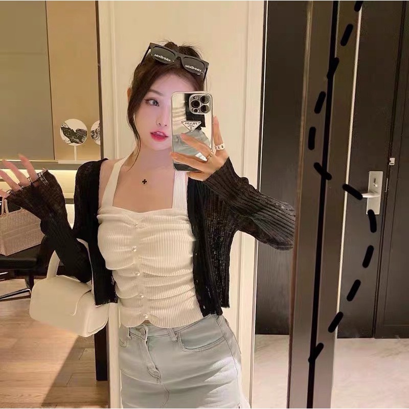 Áo Yếm Hở Lưng Nữ Tính 2 Dây Cotton Len Tăm Ôm Dáng Body Gợi Cảm 0168