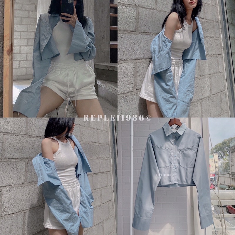 [ ẢNH THẬT ĐỘC QUYỀN REPLEI1986 ] Áo sơ mi croptop dài tay BLUE