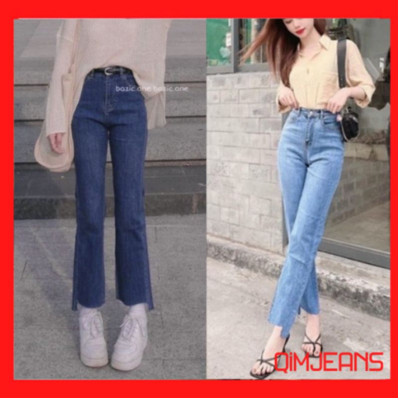 Quần jeans ống đứng cắt gấu dãn xanh đậm xanh nhạt đen cạp cao hot 2022