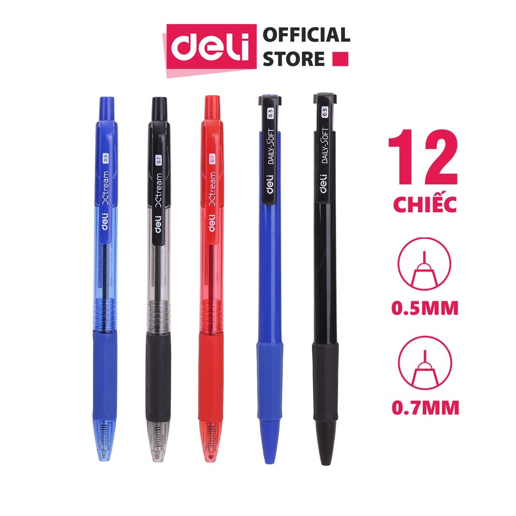 Bút bi nắp đậy ngòi 0.7mm 1mm Deli mực xanh đen đỏ nét viết đều đệm tay cao su chất lượng cao phù hợp học sinh văn phòng