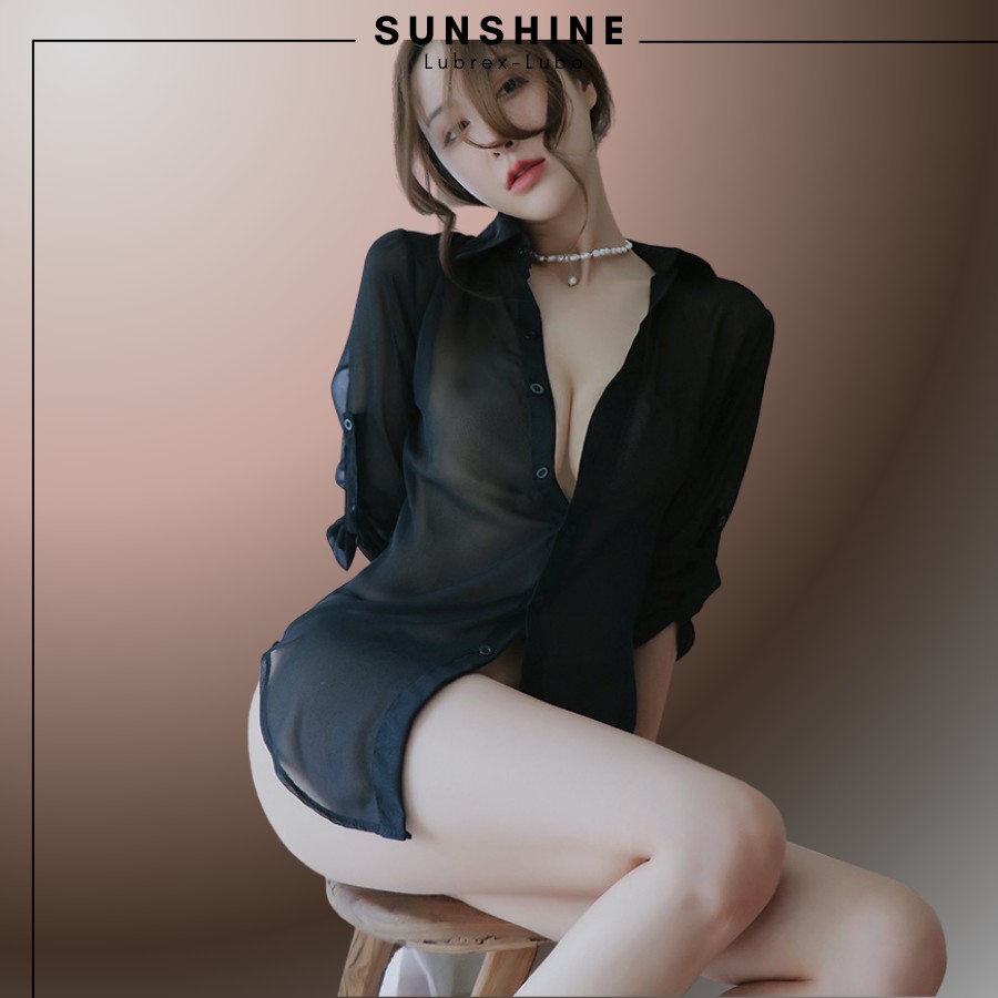 Áo Ngủ Sexy Sơ Mi Ngủ Voan Mỏng Xuyên Thấu Dài Tay Gợi Cảm MÀU ĐEN -SUNSHINE LUBREXLUBO- SMNDAY1184