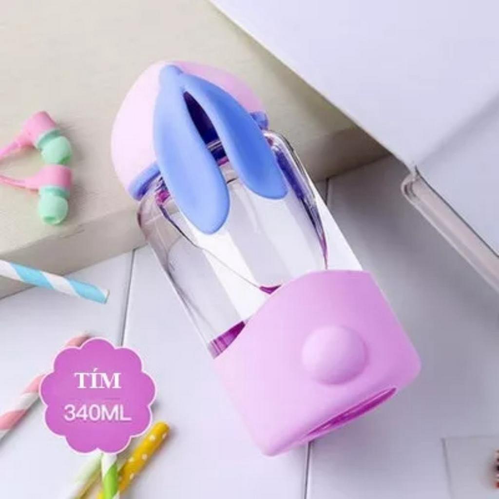 Bình Nước Thủy Tinh Tai Thỏ Siêu Đáng Yêu 340ml