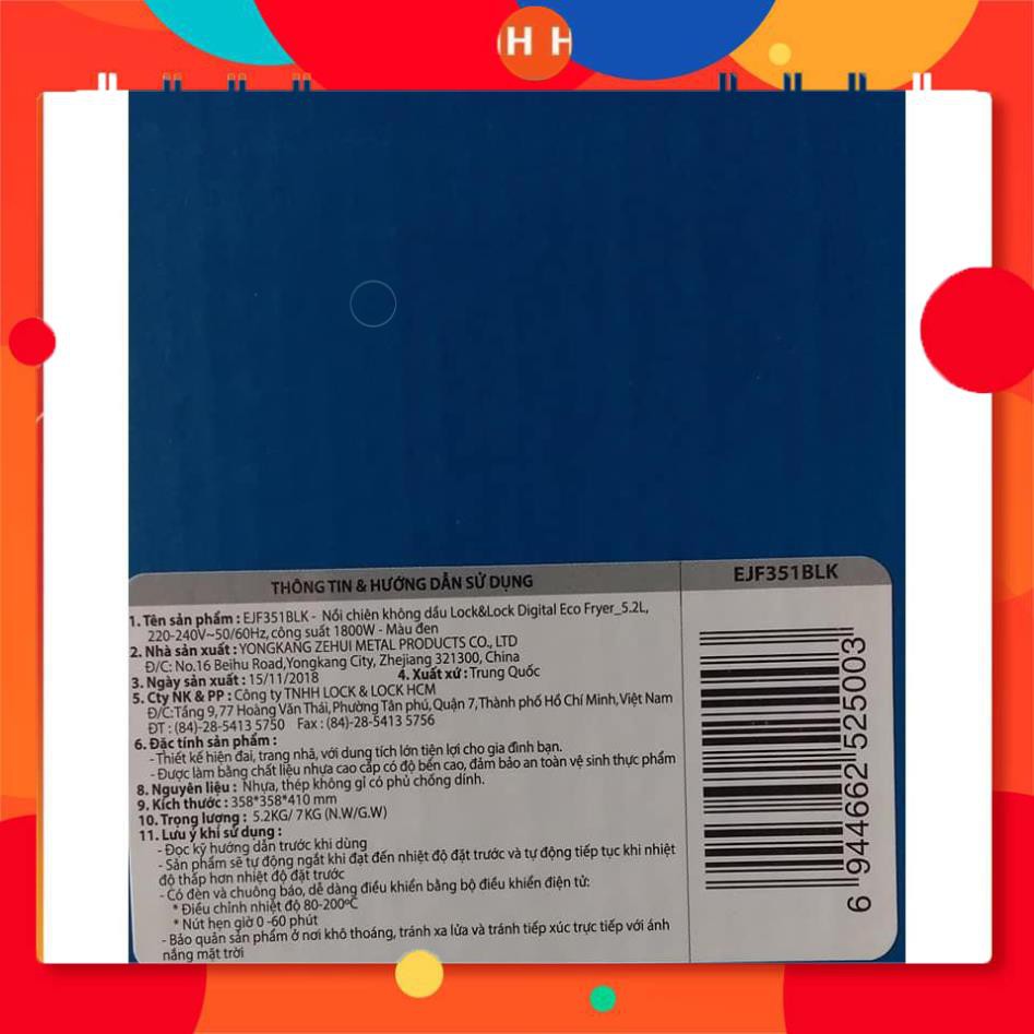 NỒI CHIÊN KHÔNG DẦU ĐIỆN TỬ LOCK&LOCK EJF351BLK (5.2L) (Màu đen) - Hàng chính hãng - Bảo hành 12 tháng 24h