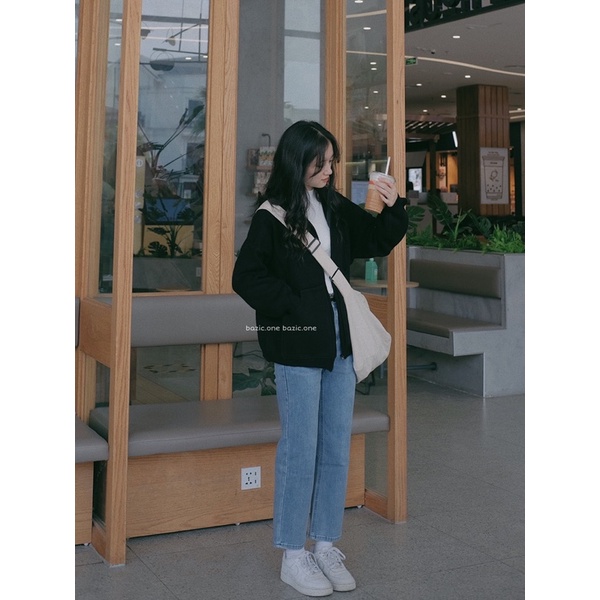 Áo khoác len khoá kéo có mũ, áo hoodie len ulzzang QC Bazic one