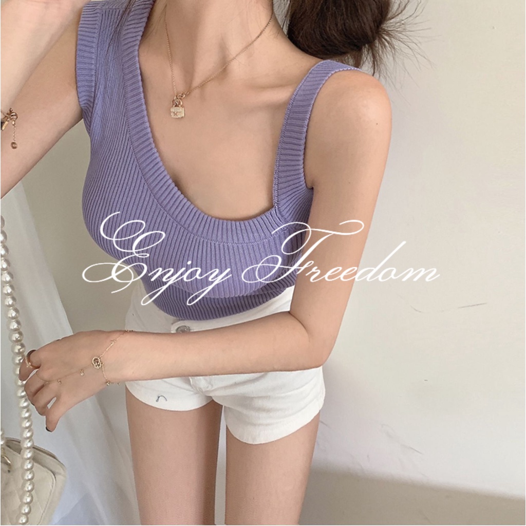 Enjoy Freedom Áo Bra Dệt Kim Không Tay Thiết Kế Lệch Vai Quyến Rũ Cho Nữ áo croptop