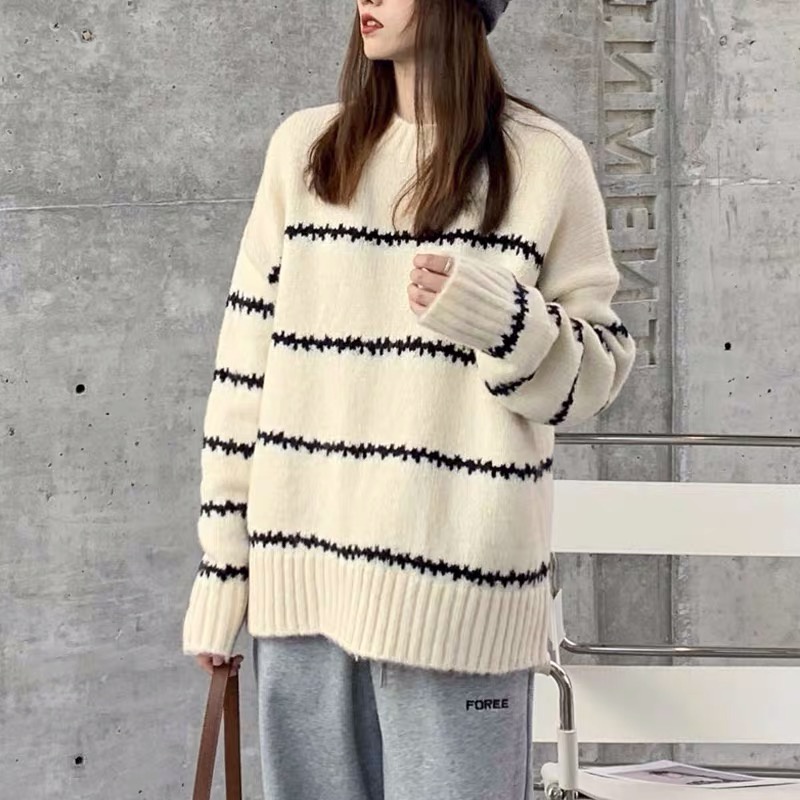 Áo len chui đầu cổ 3 phân kẻ sọc ngang nhỏ Forgirl dày dặn dáng rộng