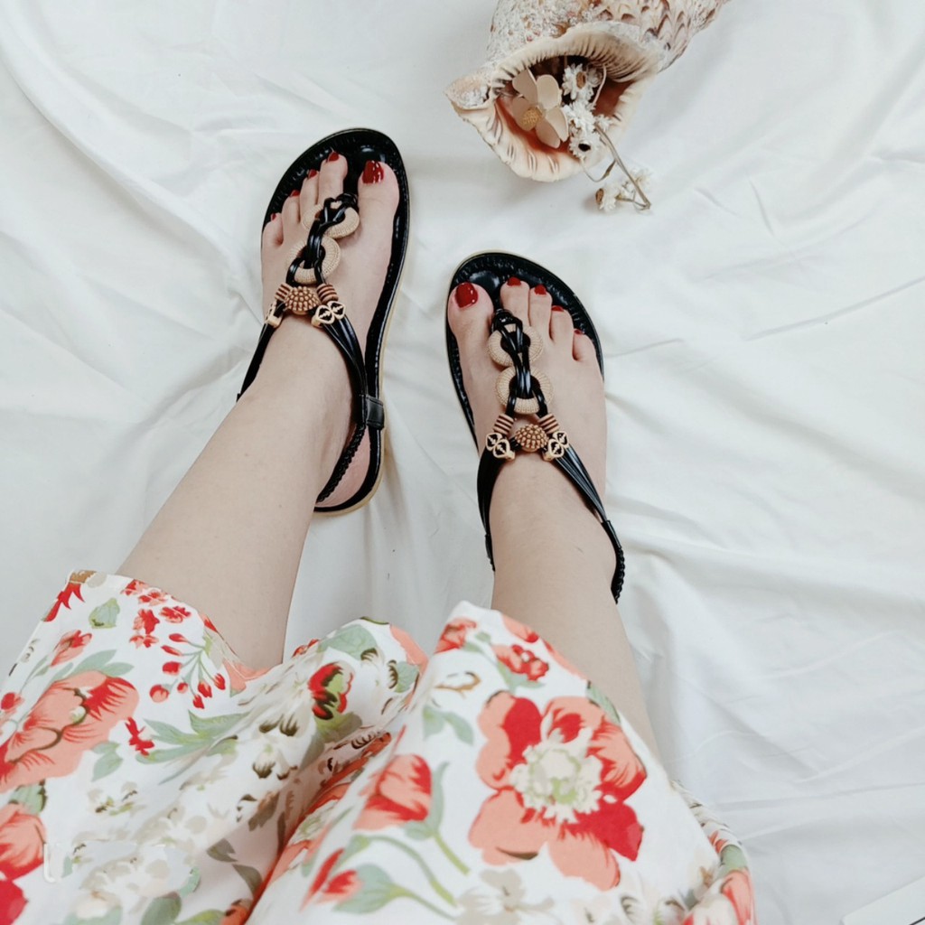 Sandal xỏ ngón nữ đi chơi, đi biển, đi học phong cách vintage mang êm chân, đi mưa thoải mái - TB-Tho-Cam-zra [Hoàn Xu]