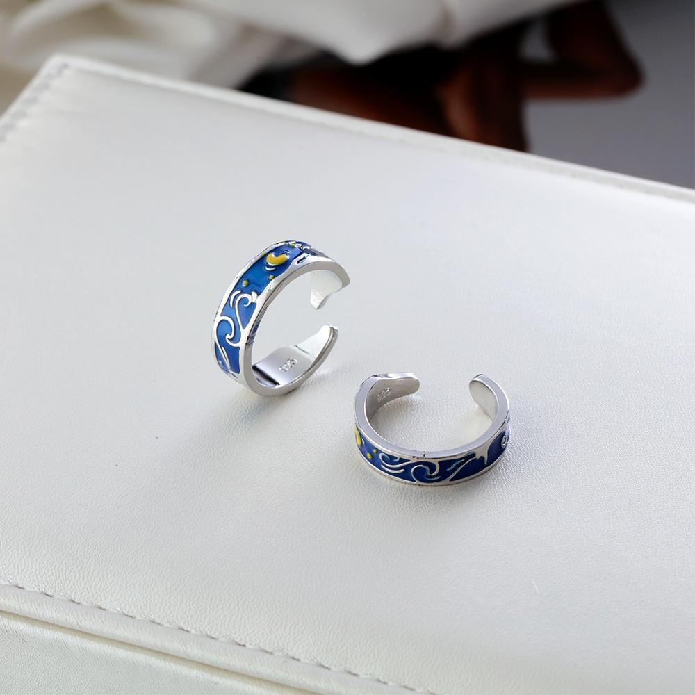 Nhẫn Cặp Họa Tiết Bầu Trời Đầy Sao Màu Xanh Dương Lãng Mạn Làm Quà Tặng Valentine / Đám Cướ